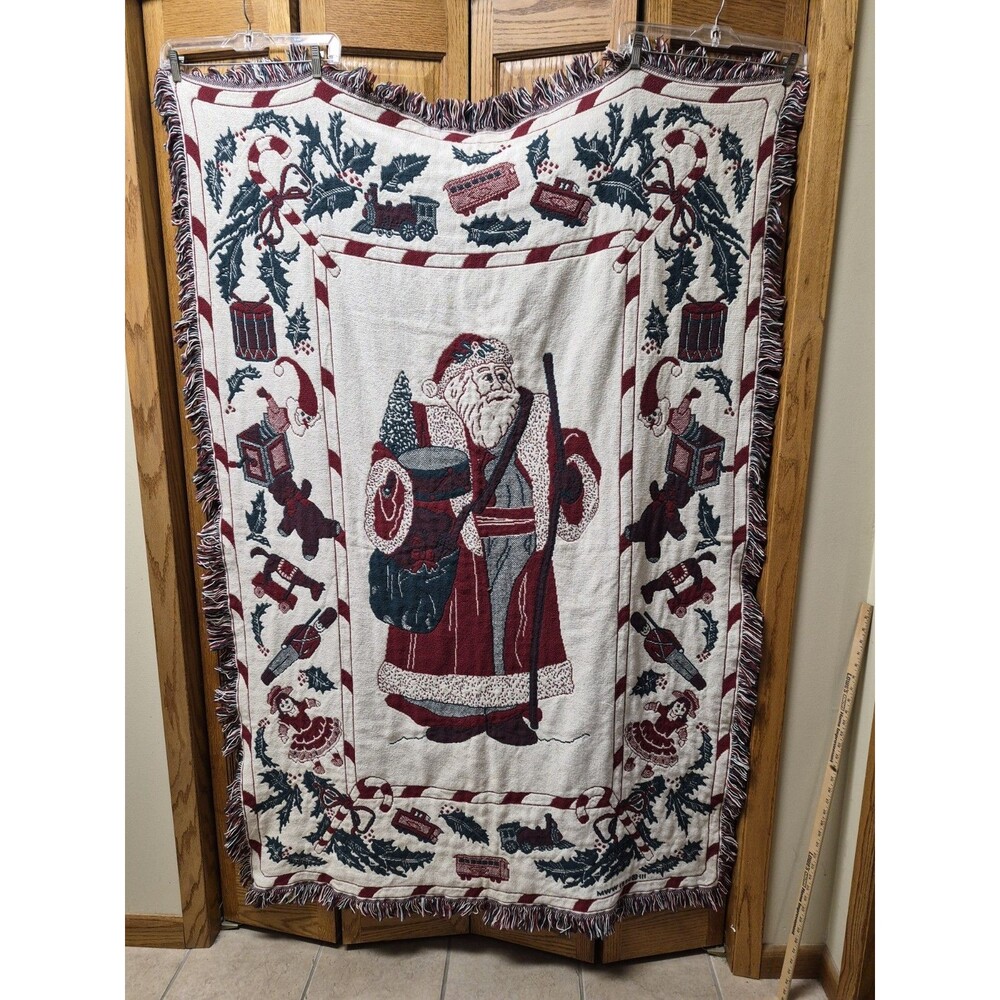Vintage 1990 MWW Christmas Throw Tapestry Afghan Blanket Santa Holly 44" x 65"
